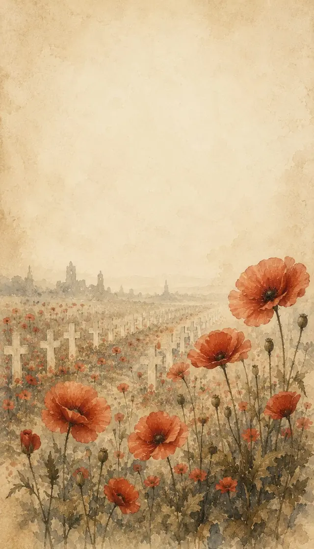 Watercolour of Flanders poppies among white crosses
